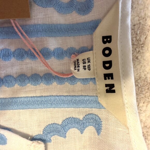 BODEN White Linen Belted Midi Dress with Blue Embroidery US size 8P (UK 12P) - Picture 9 of 16